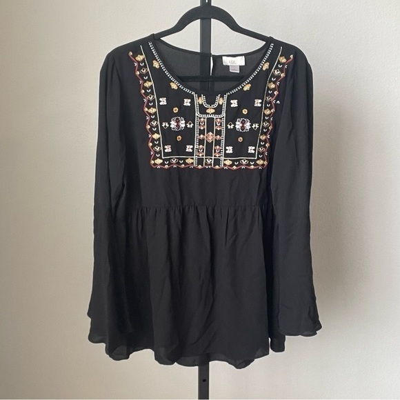 Loft Embroidered Bib Black Blouse Size Large - Picture 1 of 3